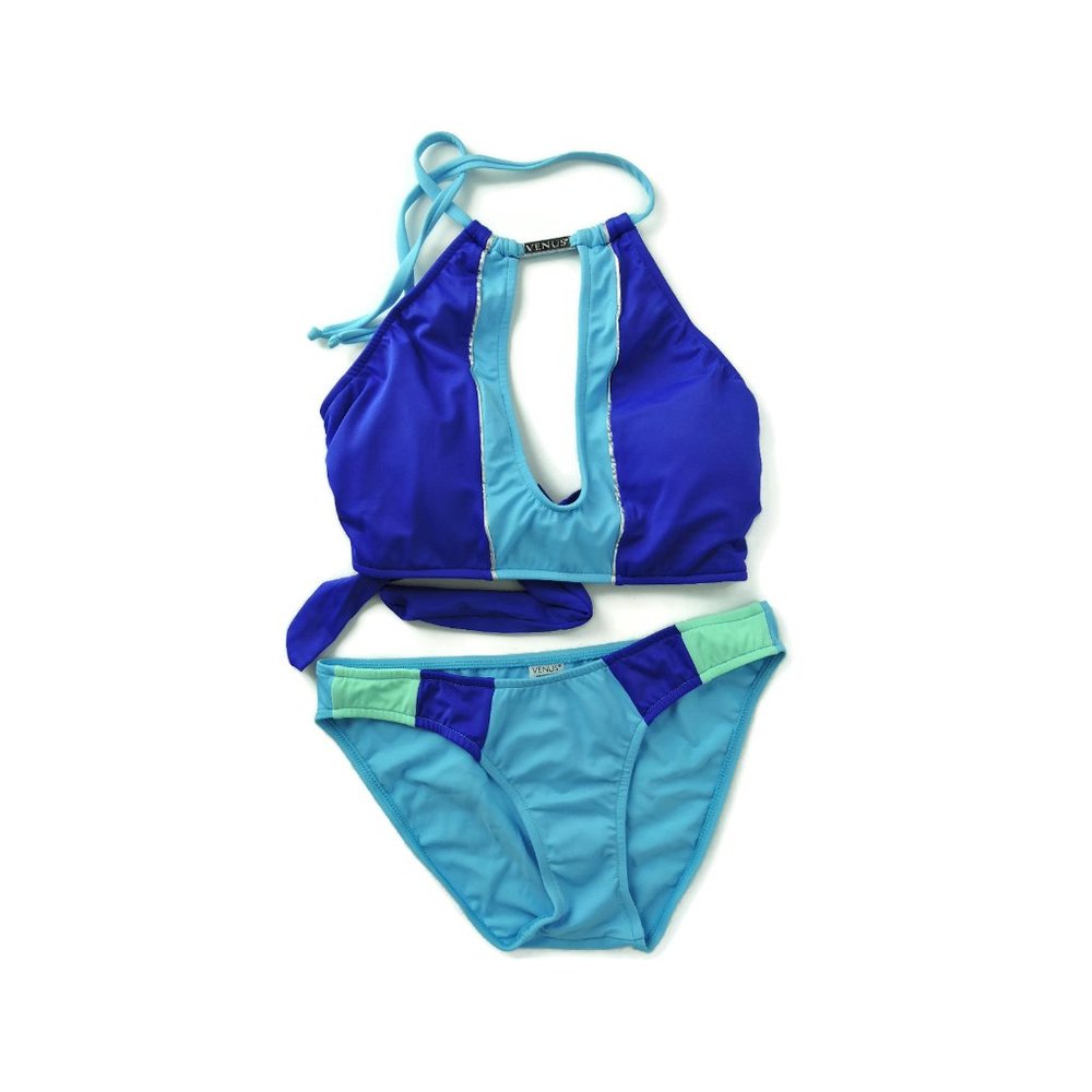 VENUS high neck Bikini swimsuit blue colorblock size 2 S logo metallic NEW